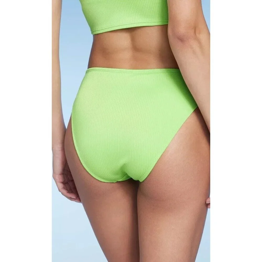 Wild Fable Size XL 16 Lime Green Ribbed High Leg Cheeky Scoop Bikini Swim Bottom - Picture 2 of 4